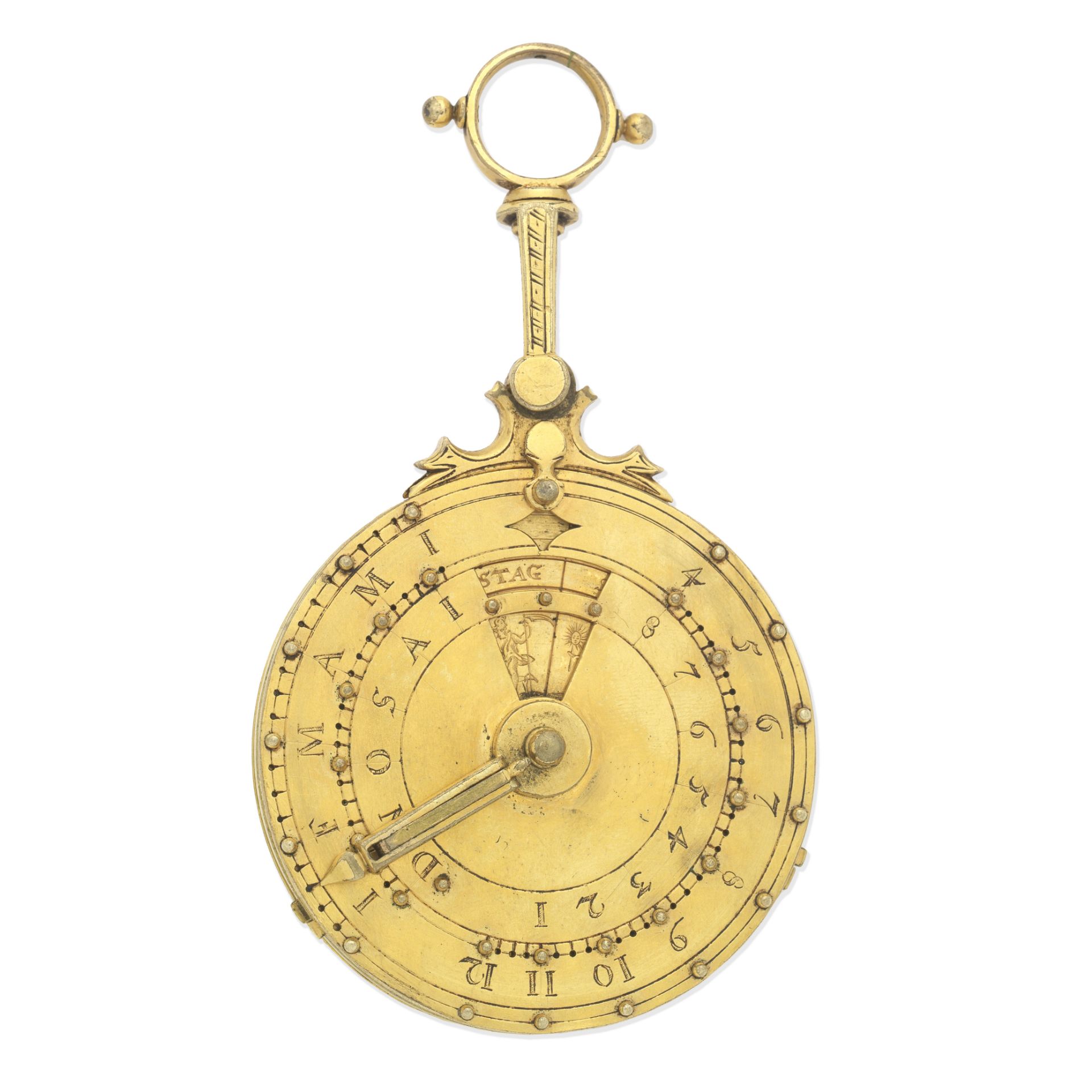 A rare gilt brass combined altitude disc sundial and perpetual calendar, German, mid-17th century,