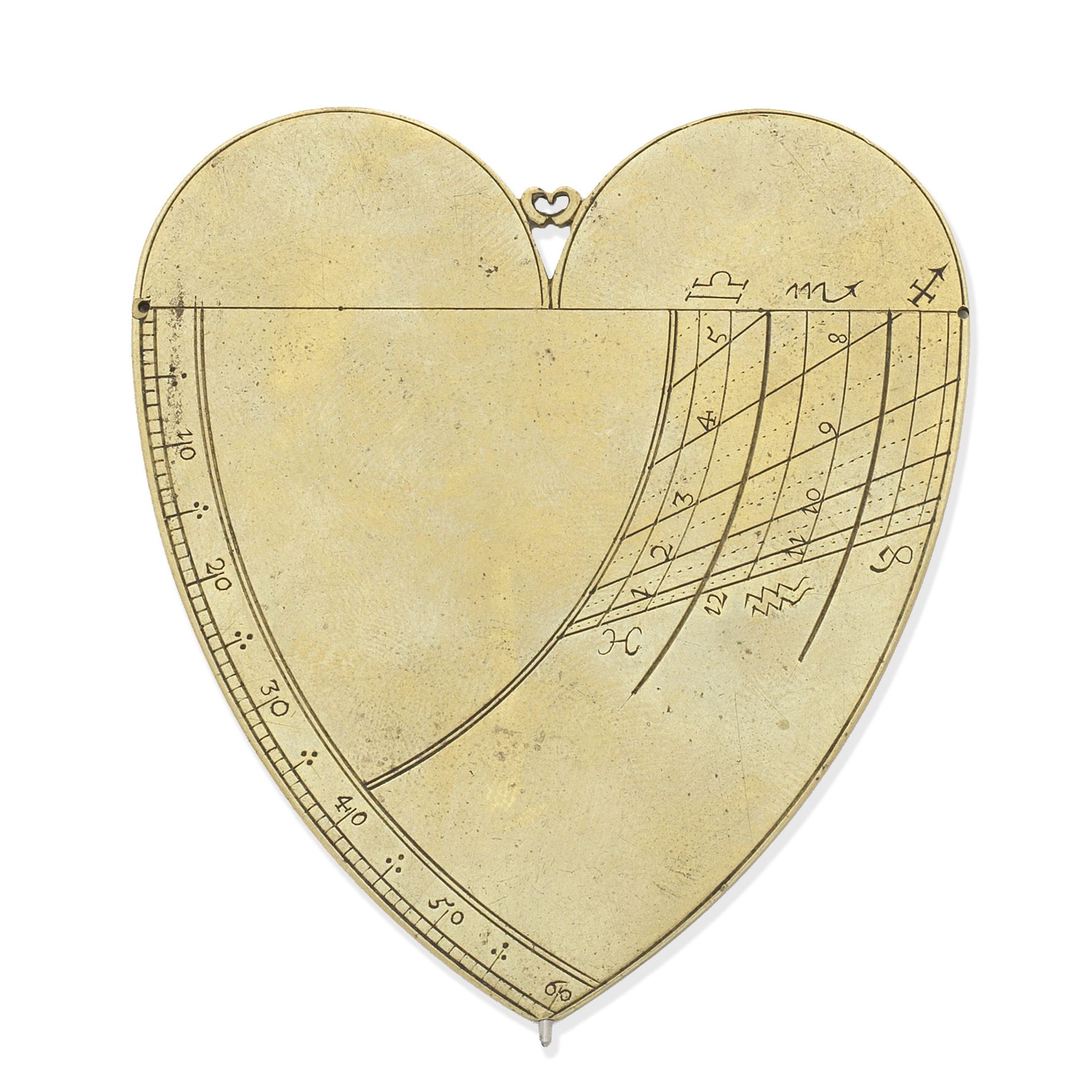 An unusual heart-shaped brass vertical altitude dial, early 17th century,