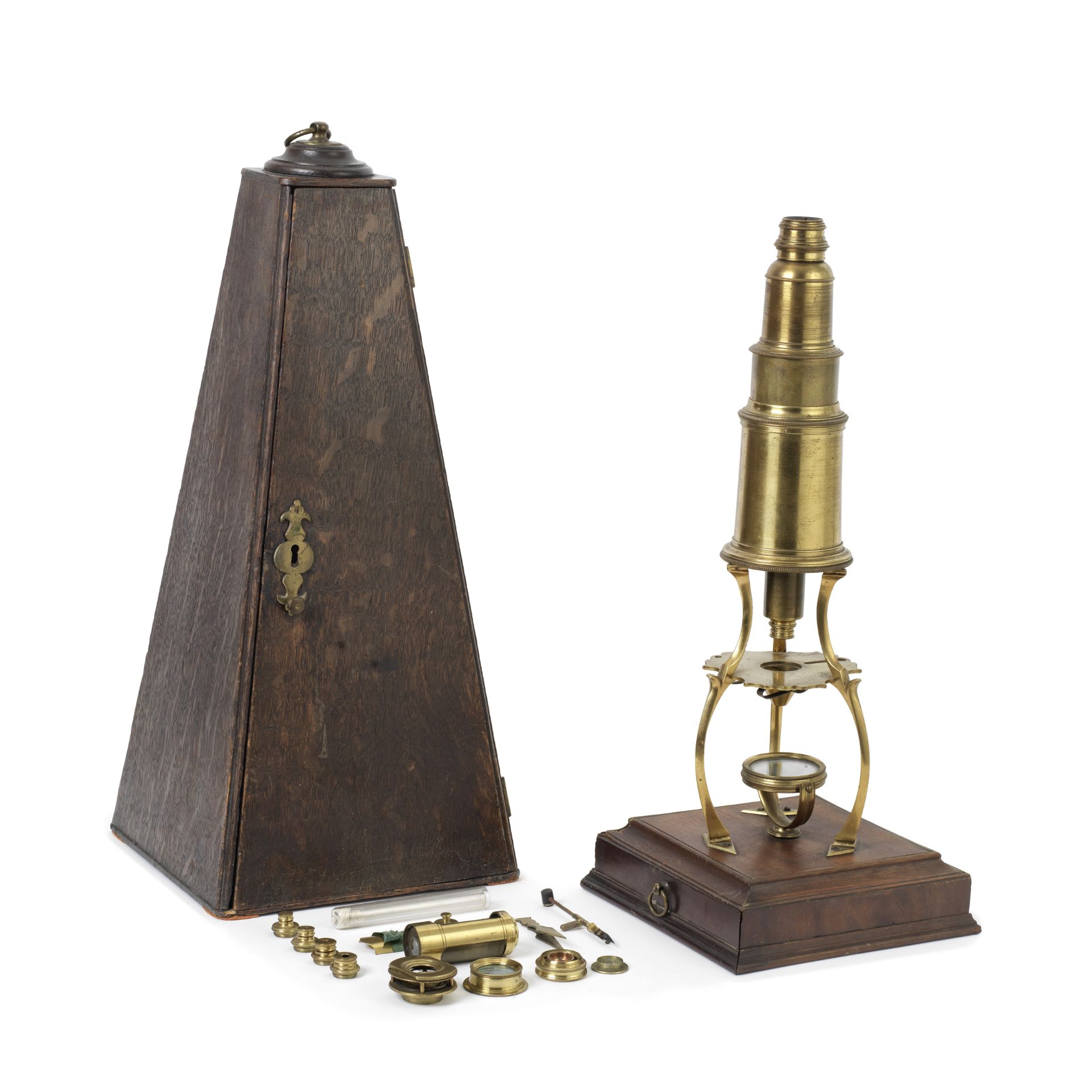 A Culpeper-type brass monocular microscope attributed to George Sterrop, English, mid-18th century,