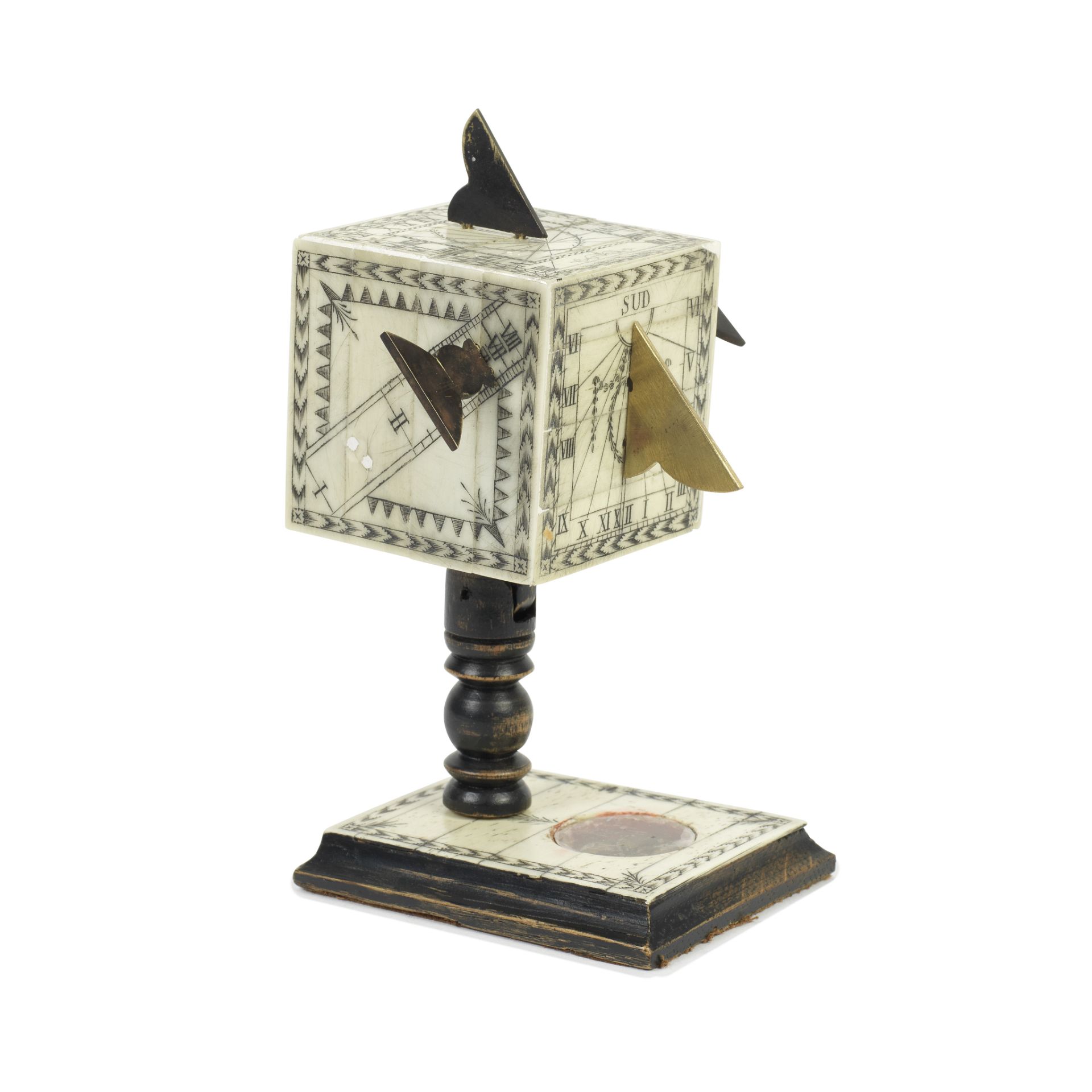 A David Beringer bone-mounted cube dial, German, early 19th century,