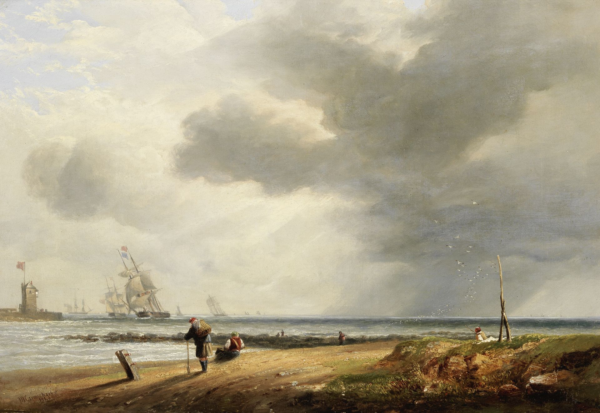 John Wilson Carmichael (British, 1800-1868) Dutch shipping off the coast with fishermen on the s...