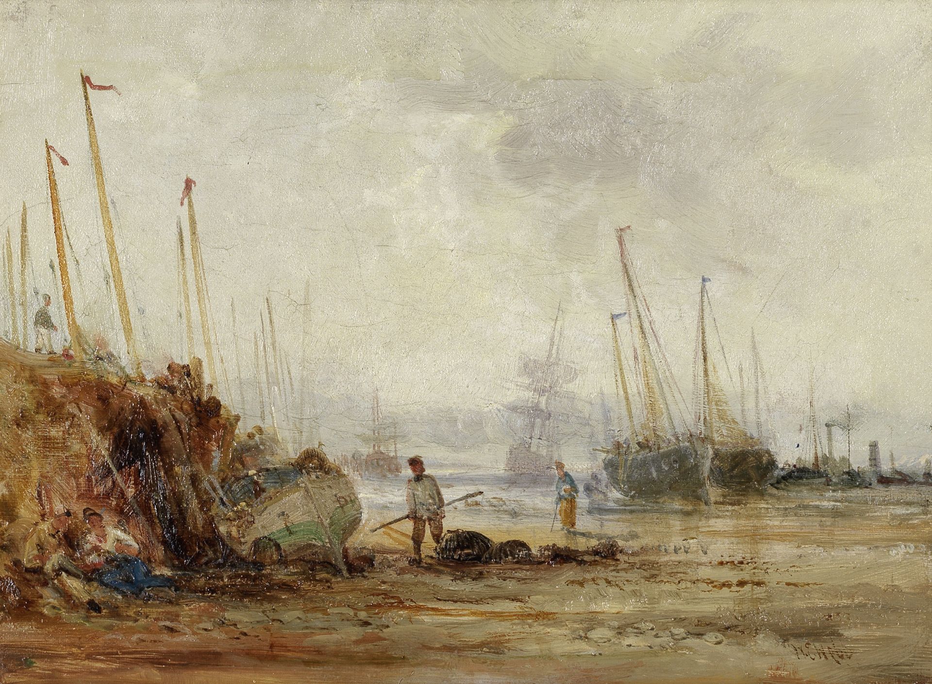 William Edward Webb (British, 1862-1903) Figures on a shore at low tide; On the harbour side, a ...