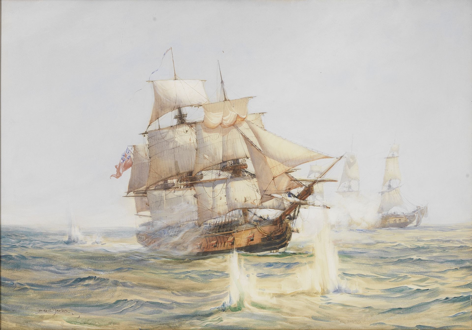 Montague Dawson (British, 1890-1973) The Bristol Privateer Hornet engaging the rich Spanish ship...