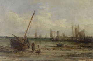 William Edward Webb (British, 1862-1903) Boats at low tide at Port St Mary, Isle of Man