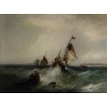 William Edward Webb (British, 1862-1903) Fishing trawlers in a heavy swell off a coastline
