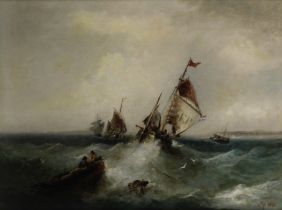 William Edward Webb (British, 1862-1903) Fishing trawlers in a heavy swell off a coastline