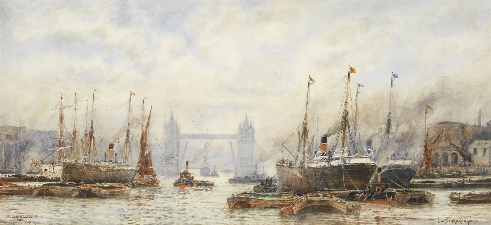 Frederick [Frank] William Scarbrough (British, 1863-1945) 'The Pool of London and Tower Bridge'