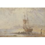 George Weatherill (British, 1810-1890) A ship moored on the beach at low tide, Whitby; Figures o...