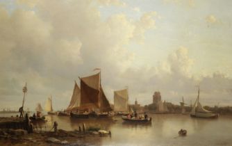 Everhardus Koster (Dutch, 1817-1892) A busy day on the river, Dordrecht