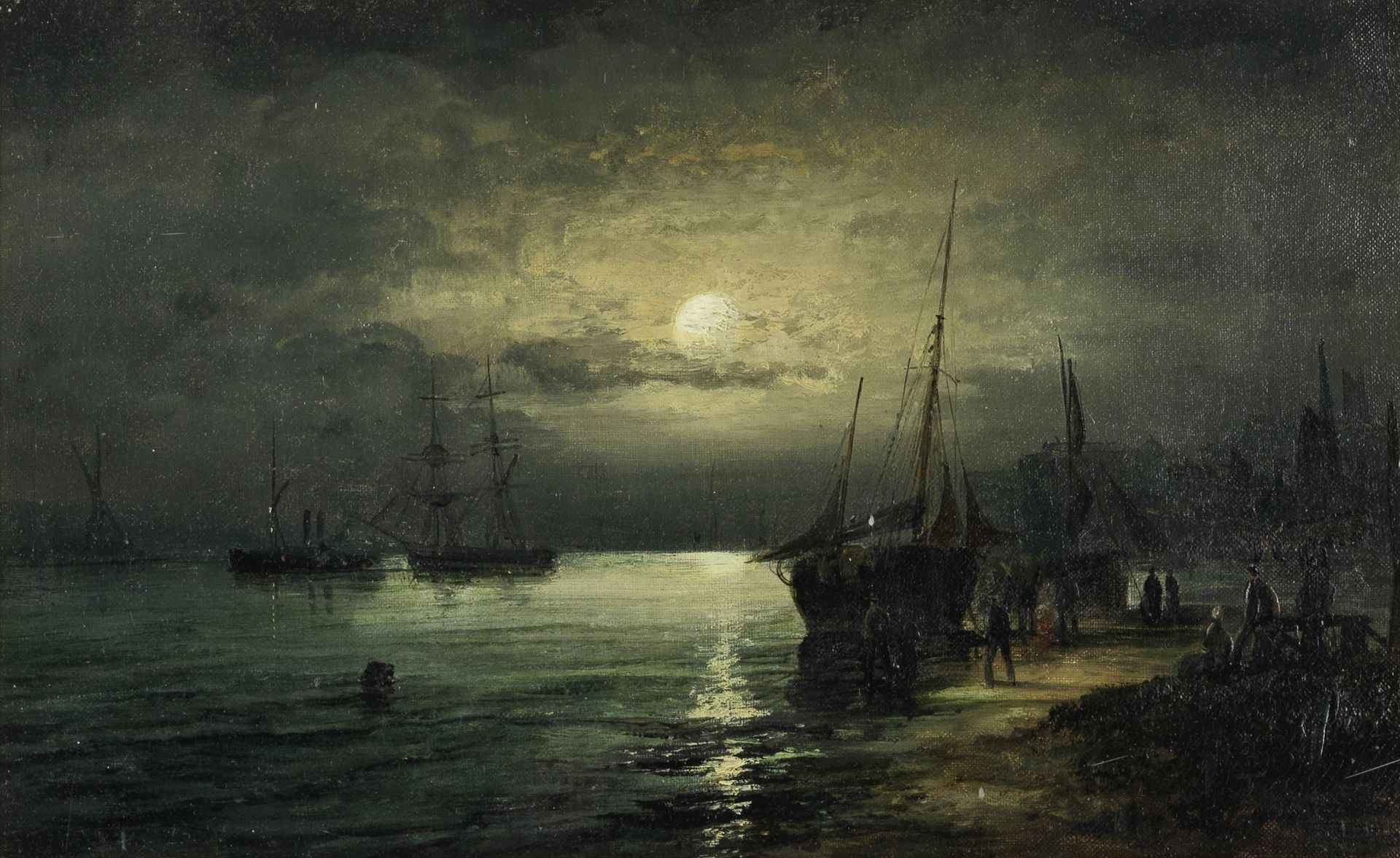 William Anslow Thornbery (British, 1847-1907) alias 'Thornley' Fishing boats by moonlight, Shore...