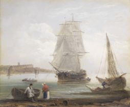 Thomas Luny (British, 1759-1837) A trading brig unloading cargo off the coast near Brixham