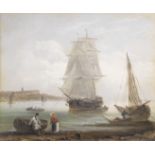 Thomas Luny (British, 1759-1837) A trading brig unloading cargo off the coast near Brixham