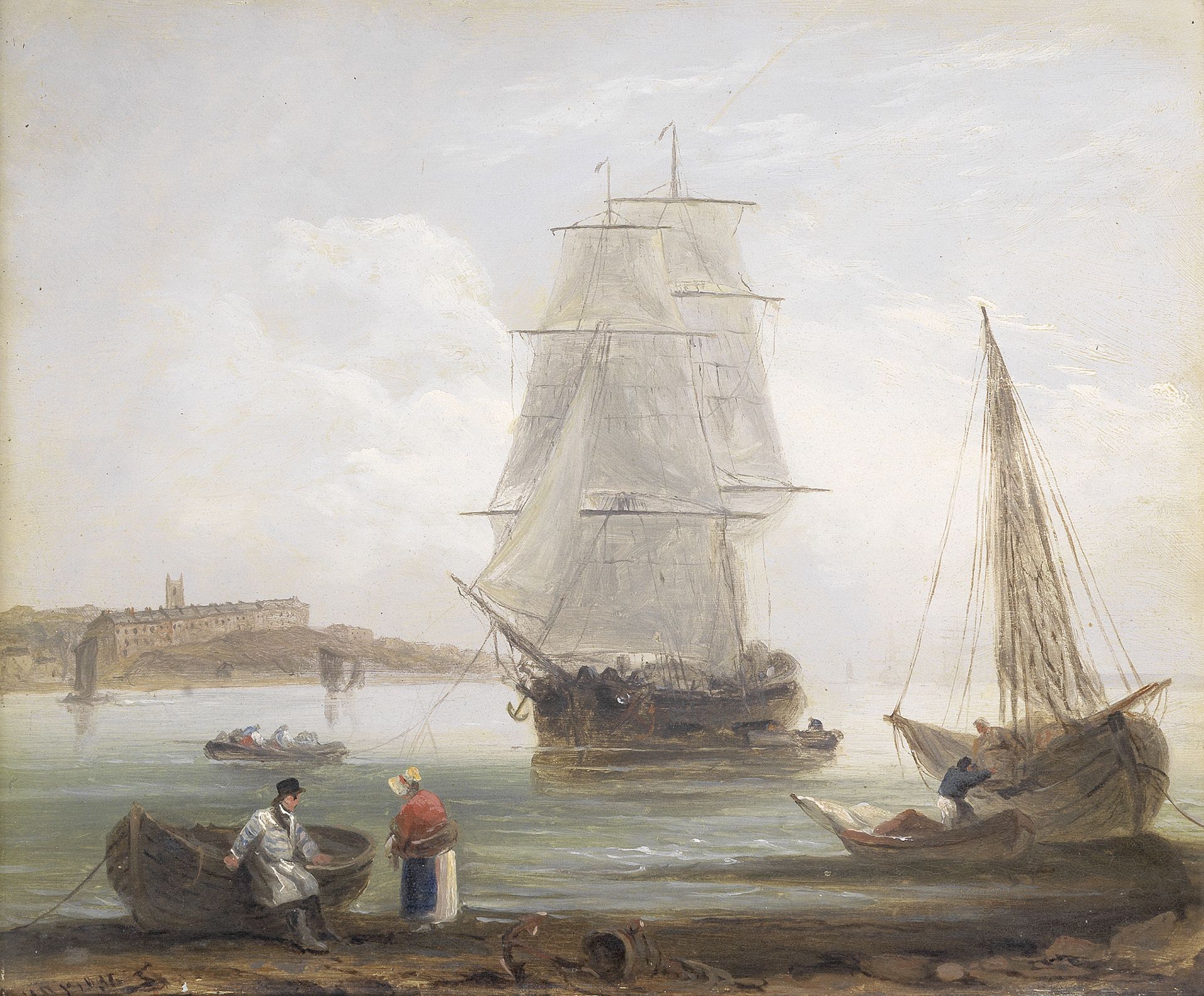 Thomas Luny (British, 1759-1837) A trading brig unloading cargo off the coast near Brixham