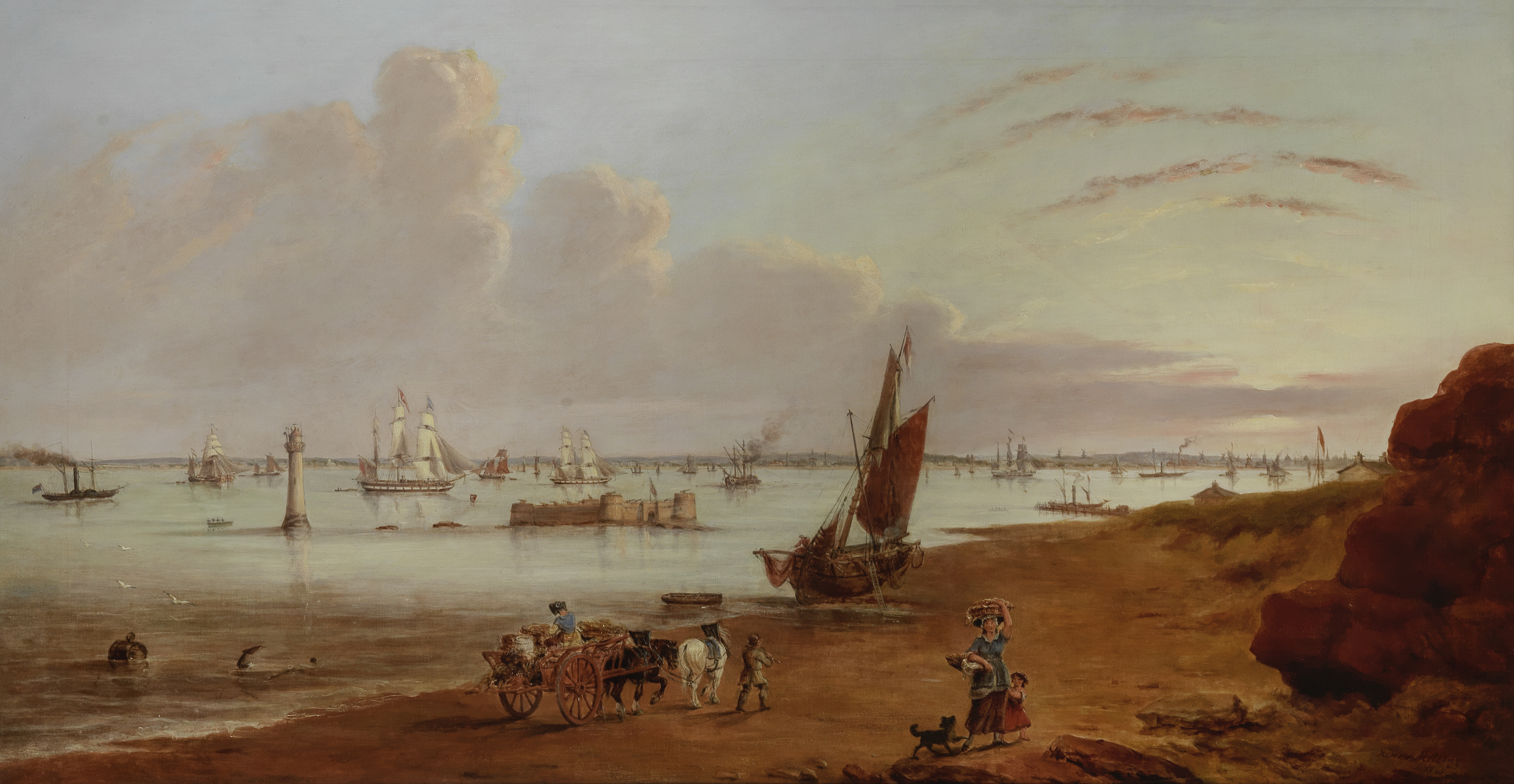 Henry Melling (British, 1808-1879) A busy shipping scene on the Mersey at New Brighton with a vi...