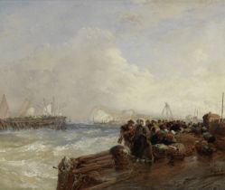 James Webb (British, 1825-1895) Dutch fisherfolk on a pier