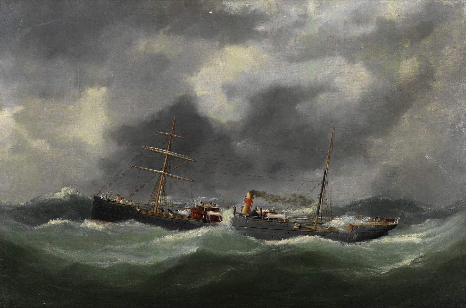 Attributed to &#201;douard Adam (French, 1847-1929) The cargo ship Knight Errant in a stormy sea