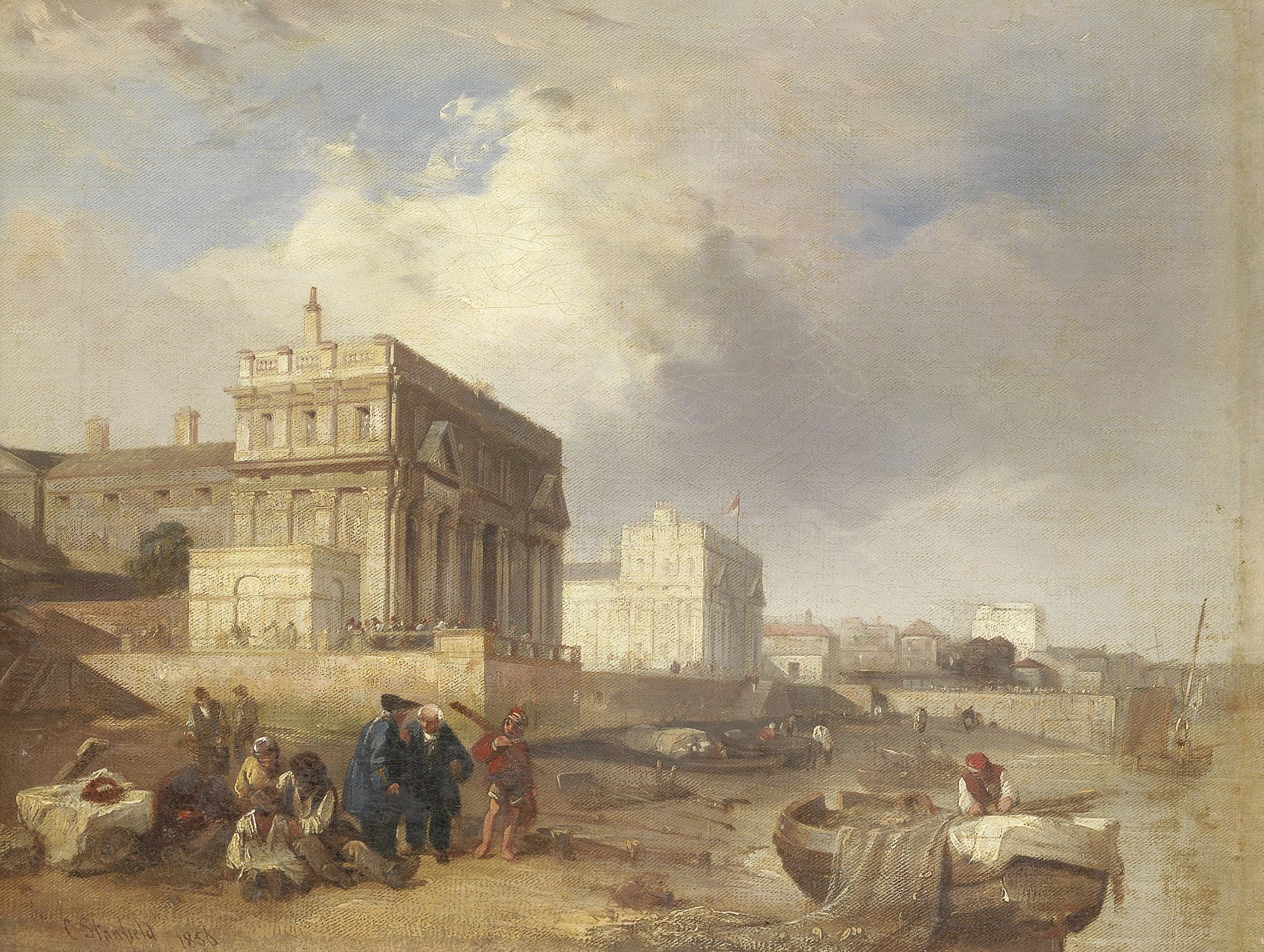 English School, 19th Century Fisherfolk on the banks of the Thames with Greenwich Hospital beyond