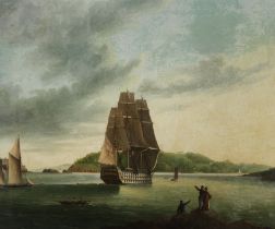 English School (Early 19th Century) A first rate ship-of-the-line, with Drake's Island off her s...