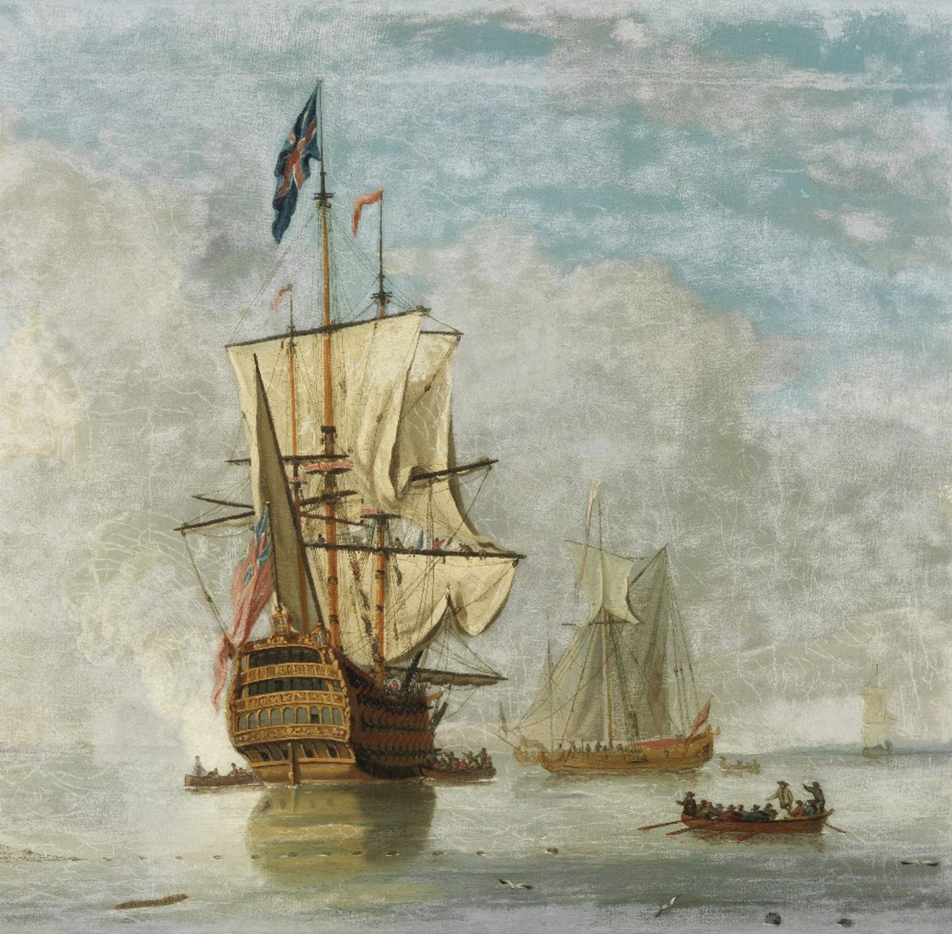 Follower of Peter Monamy (London 1681-1749) A Ship-of-the-Line, with an Admiral of the Fleet abo...
