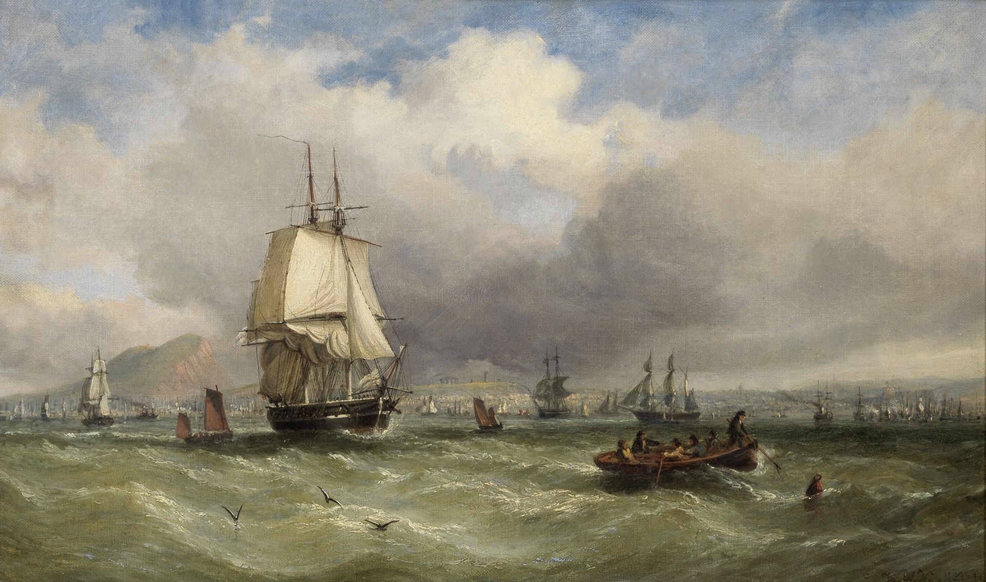 William Adolphus Knell (British, 1802-1875) A frigate off Leith, Edinburgh