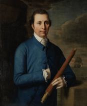 British School, circa 1760 Portrait of a merchant marine captain holding a telescope, with a ves...