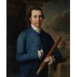 British School, circa 1760 Portrait of a merchant marine captain holding a telescope, with a ves...