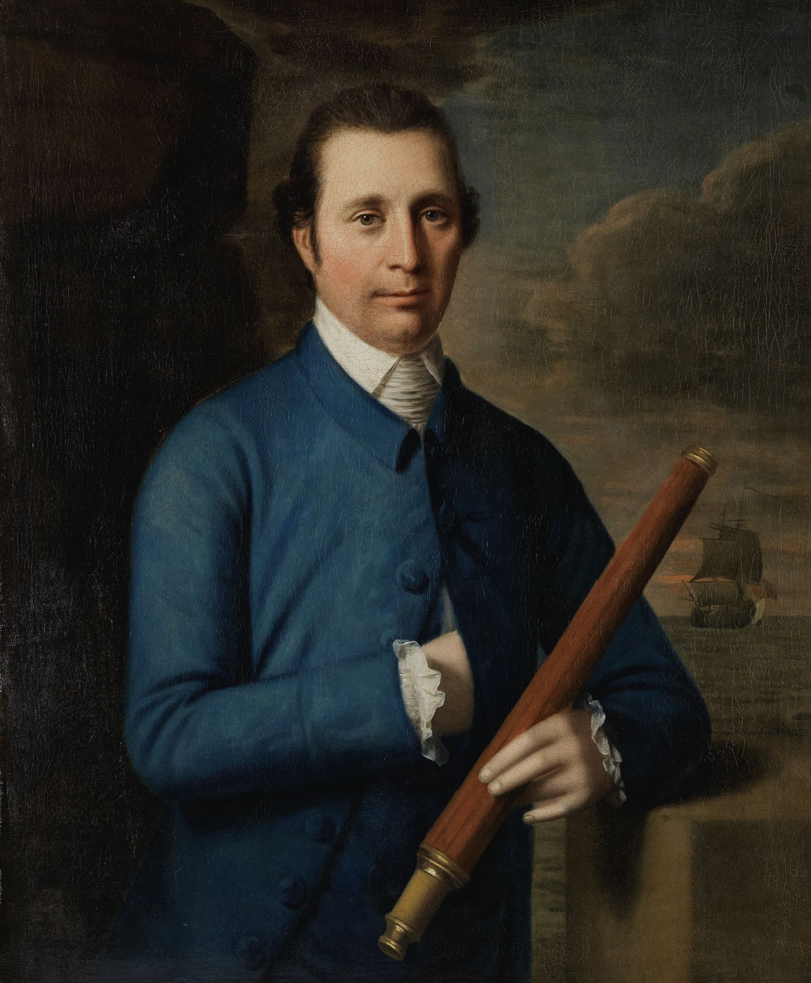 British School, circa 1760 Portrait of a merchant marine captain holding a telescope, with a ves...