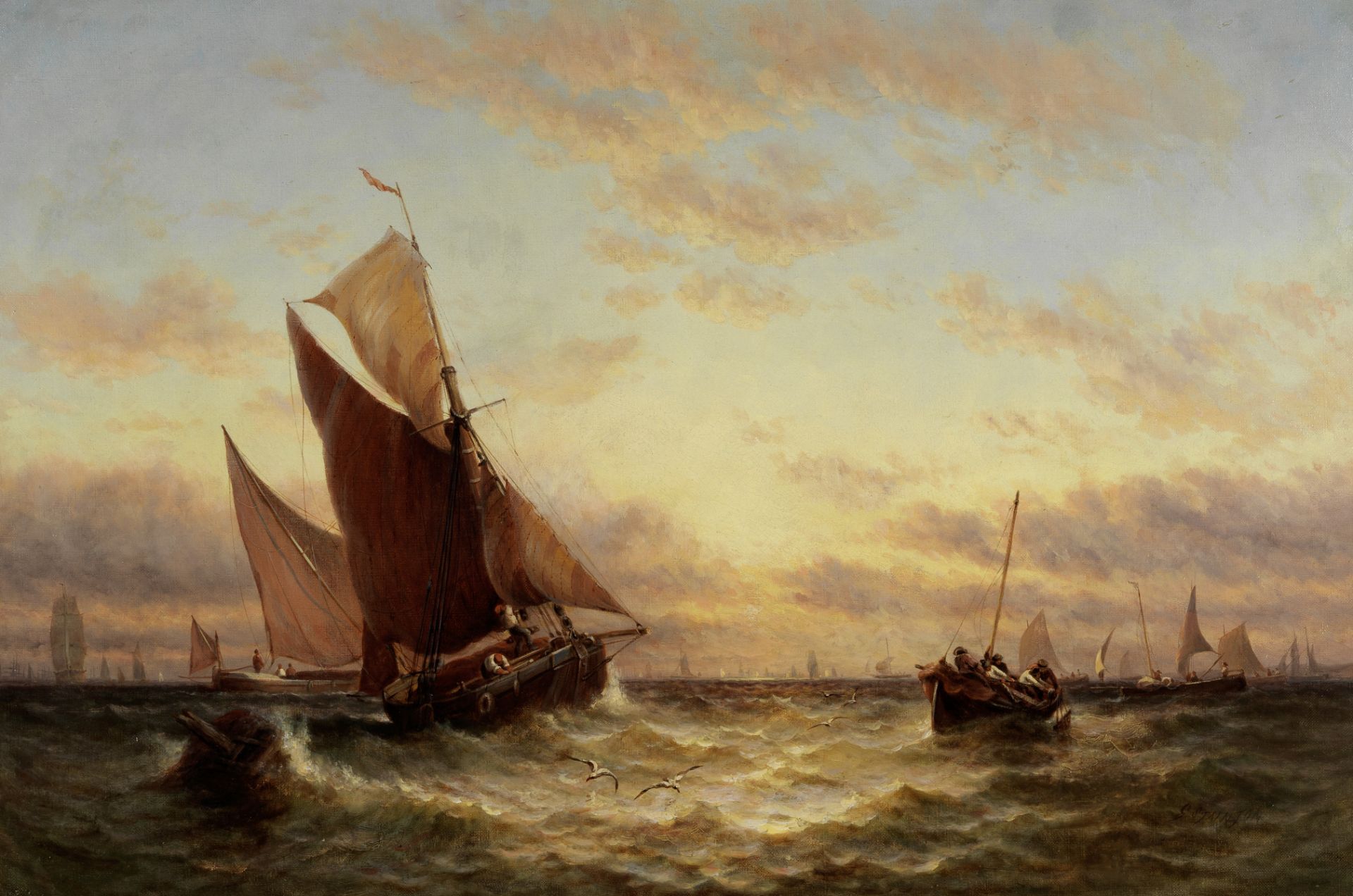 George Stainton (British, active 1866-1890) Barges and fishing boats at the mouth of the Thames