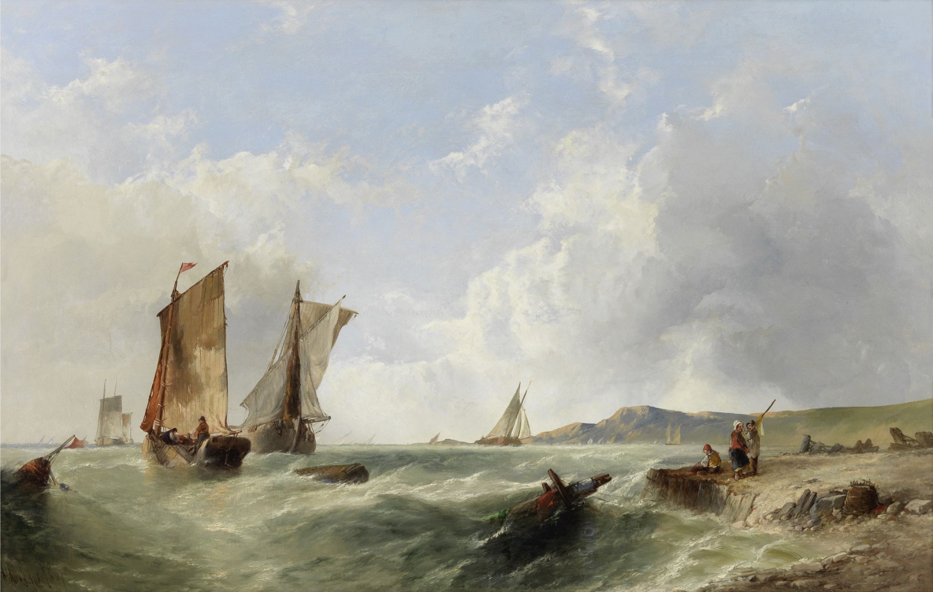 Alfred Montague (British, 1832-1883) Fishing fleet off the coast in a fresh breeze; A dismantled...