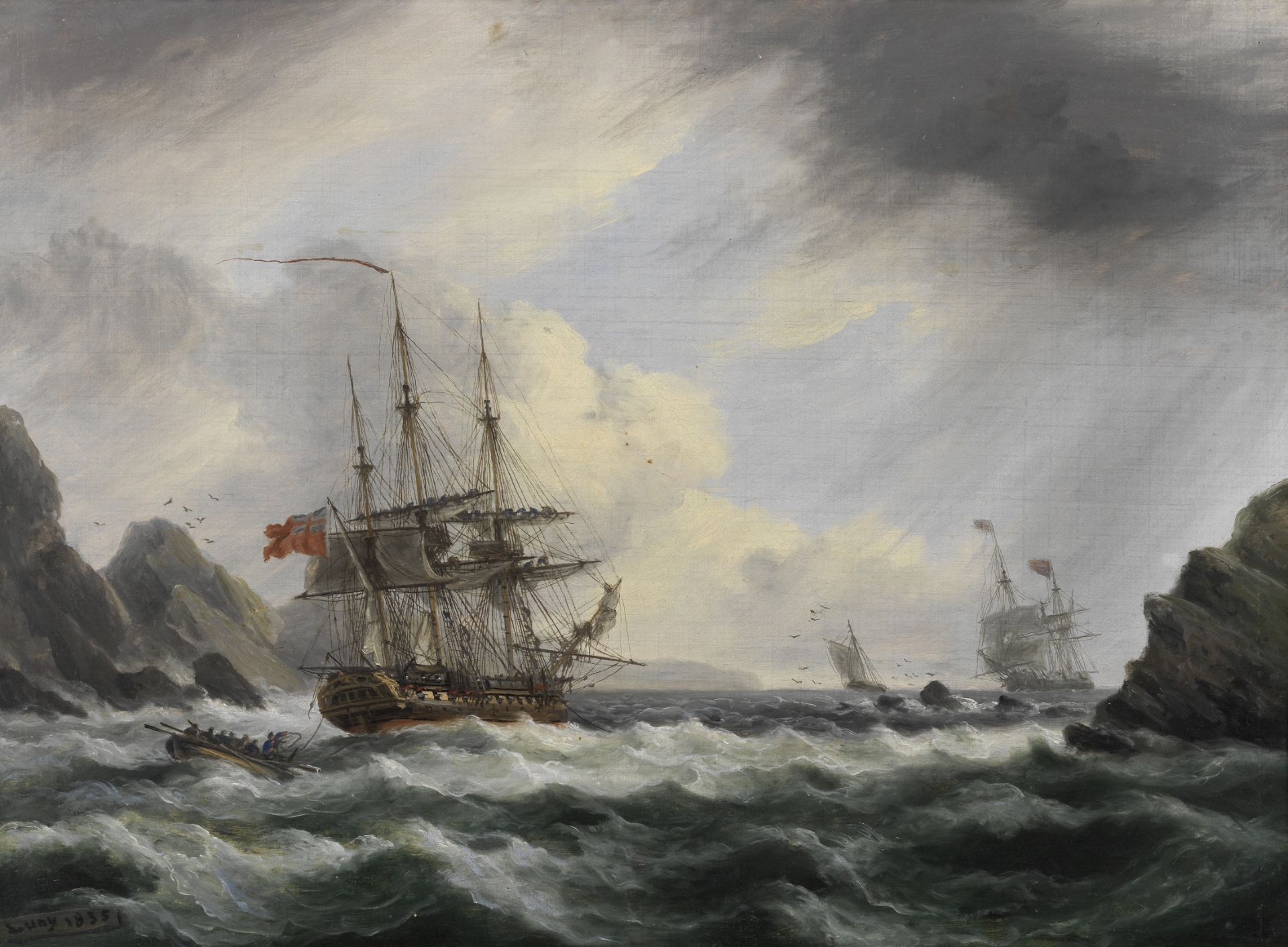 Thomas Luny (British, 1759-1837) A British man o' war and its tender in a squall