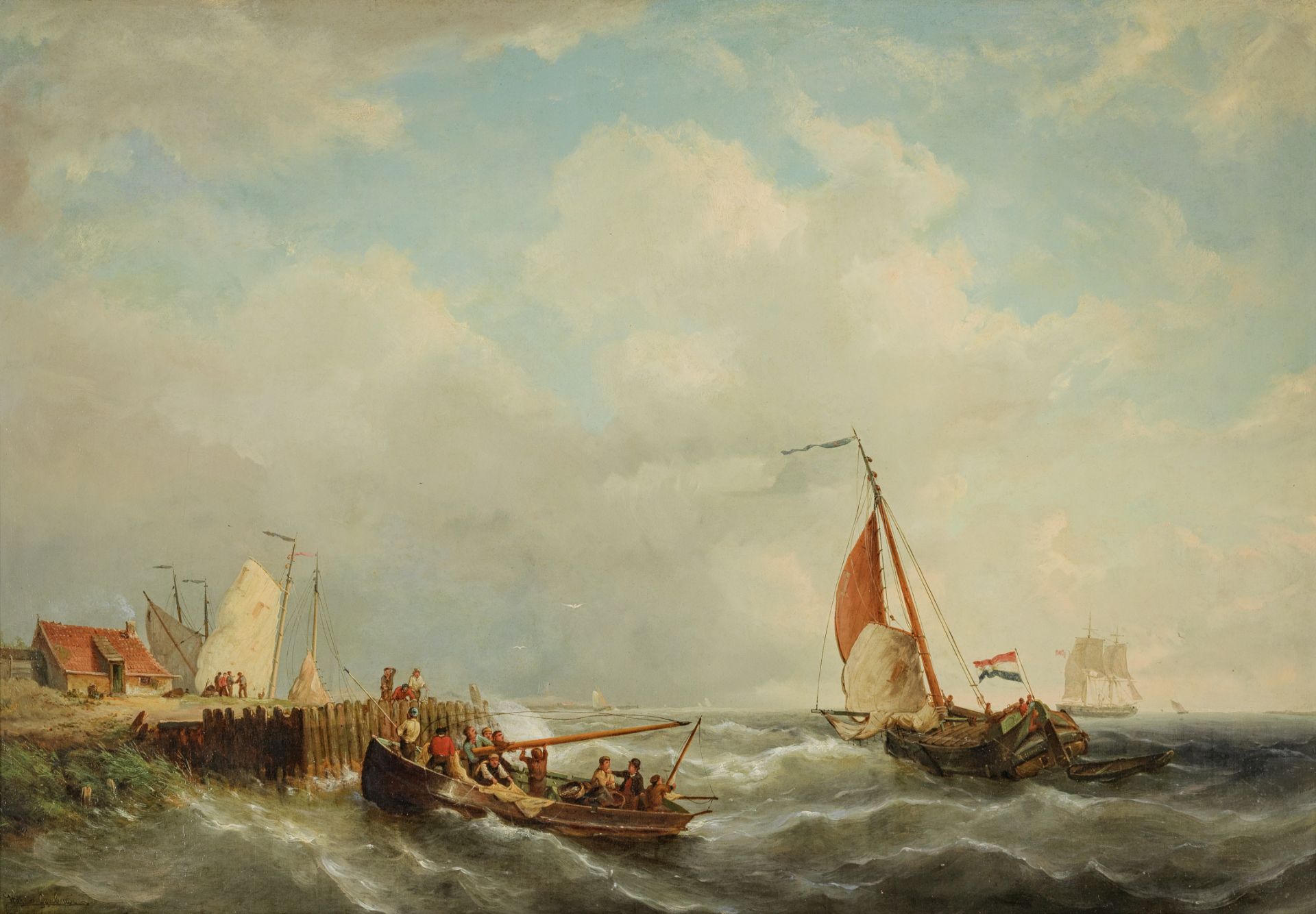 Warner Gyselman (Dutch, 1827-1862) Dutch fishing boats coming ashore on a breezy day