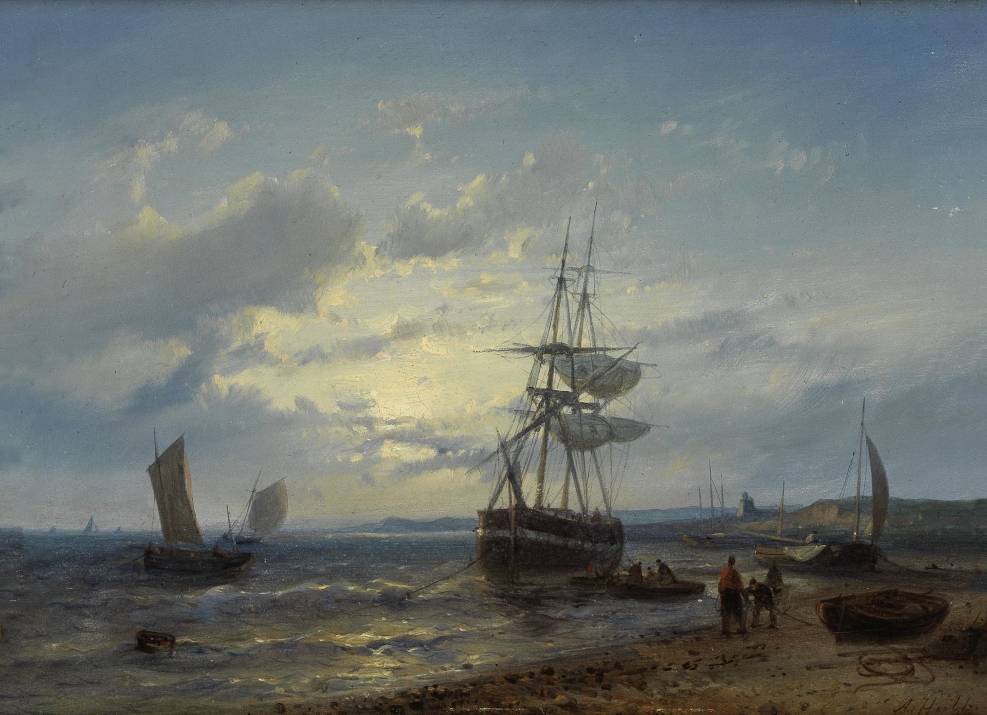 Abraham Hulk (Dutch, 1813-1897) Moored boats by the beach at dusk