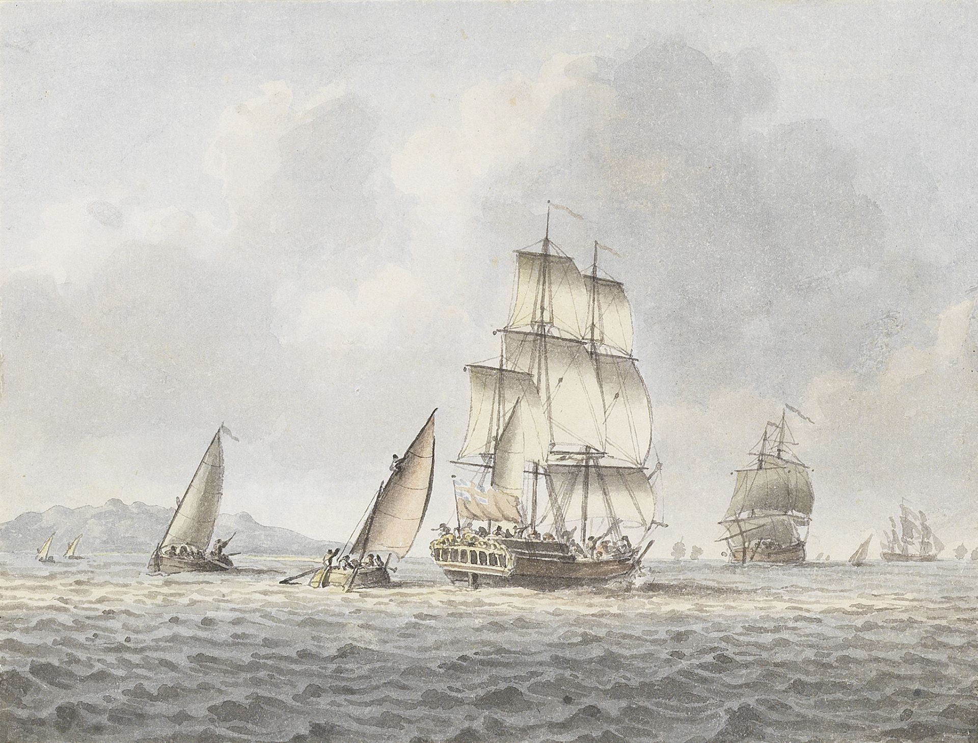 John Cleveley the Younger (British, 1747-1786) A British frigate and other shipping off the coas...