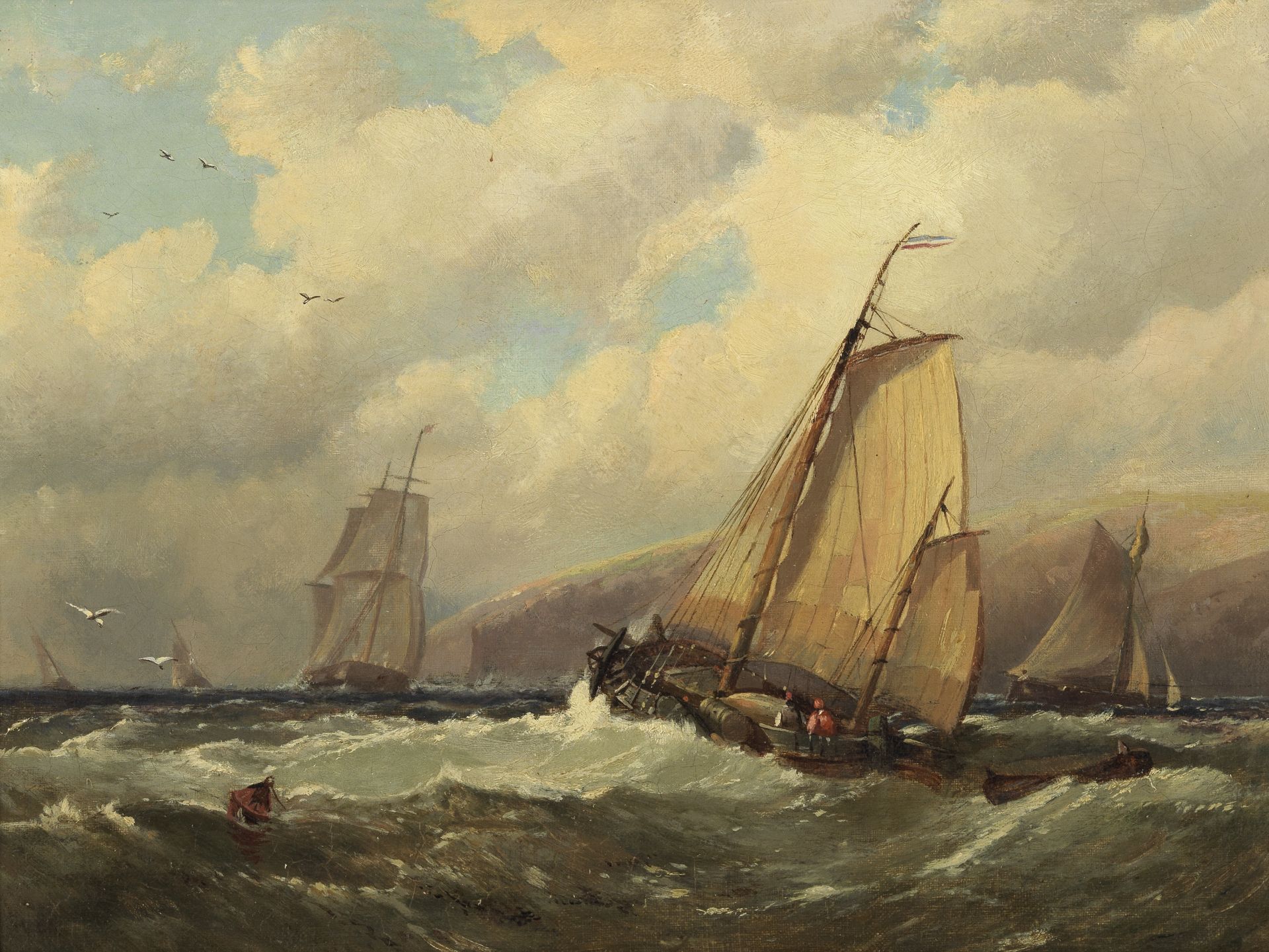 James Syer (British, active 1867-1878) Dutch fishing boats heading out to sea