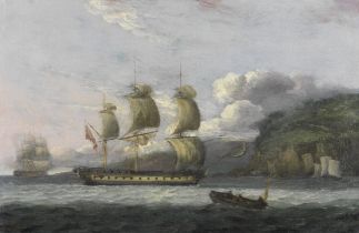 Thomas Luny (British, 1759-1837) A British ship and other vessels off a coast unframed