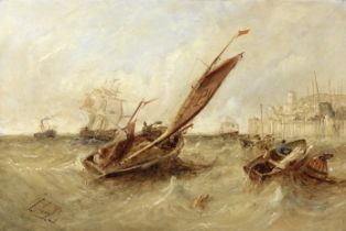 William Edward Webb (British, 1862-1903) Pilot cutter no. 1 heading out to join an incoming ship