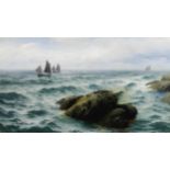 David James (British, 1853-1904) Fishing boats off a rocky coastline