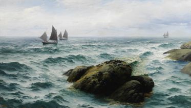David James (British, 1853-1904) Fishing boats off a rocky coastline