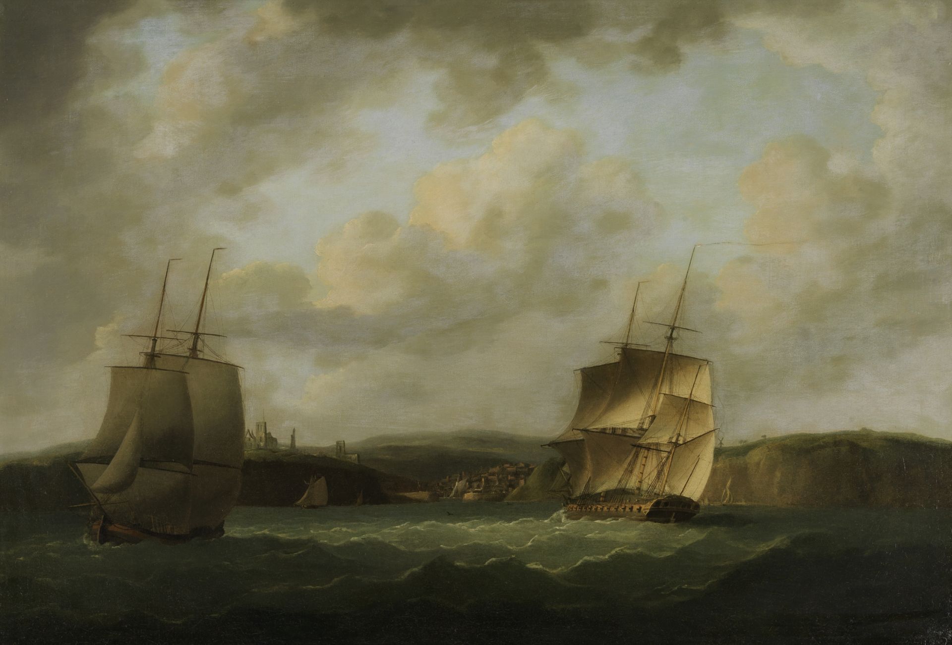 Thomas Whitcombe (British, circa 1752-1824) A 32 gun frigate entering Whitby