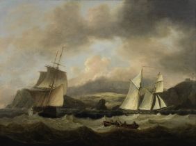 Thomas Luny (British, 1759-1837) Vessels in rough seas off the coast near Teignmouth, with the N...
