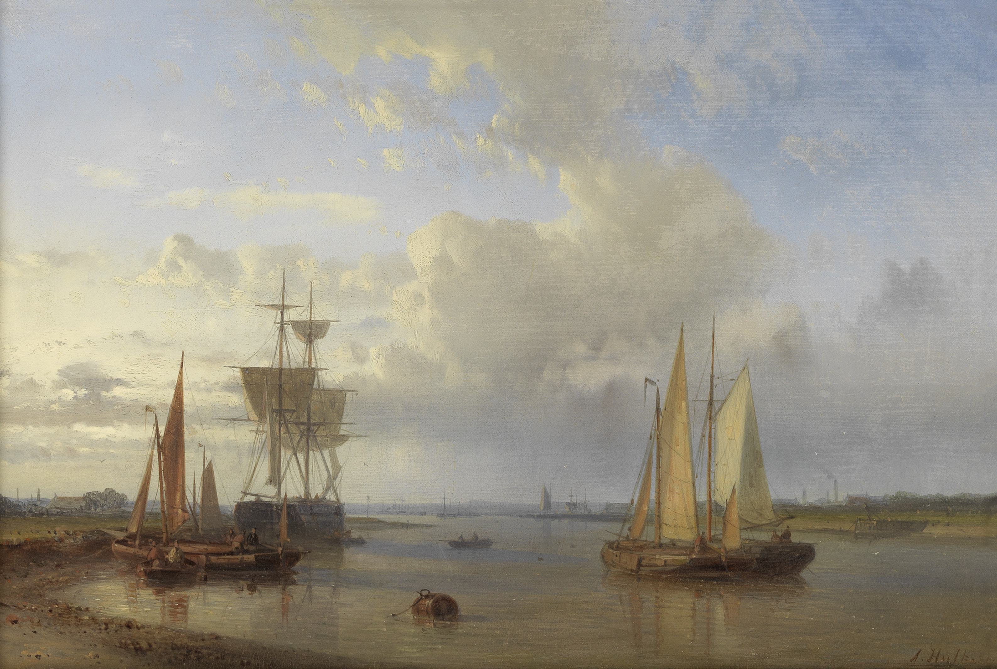 Abraham Hulk (Dutch, 1813-1897) Fishing boats in an estuary