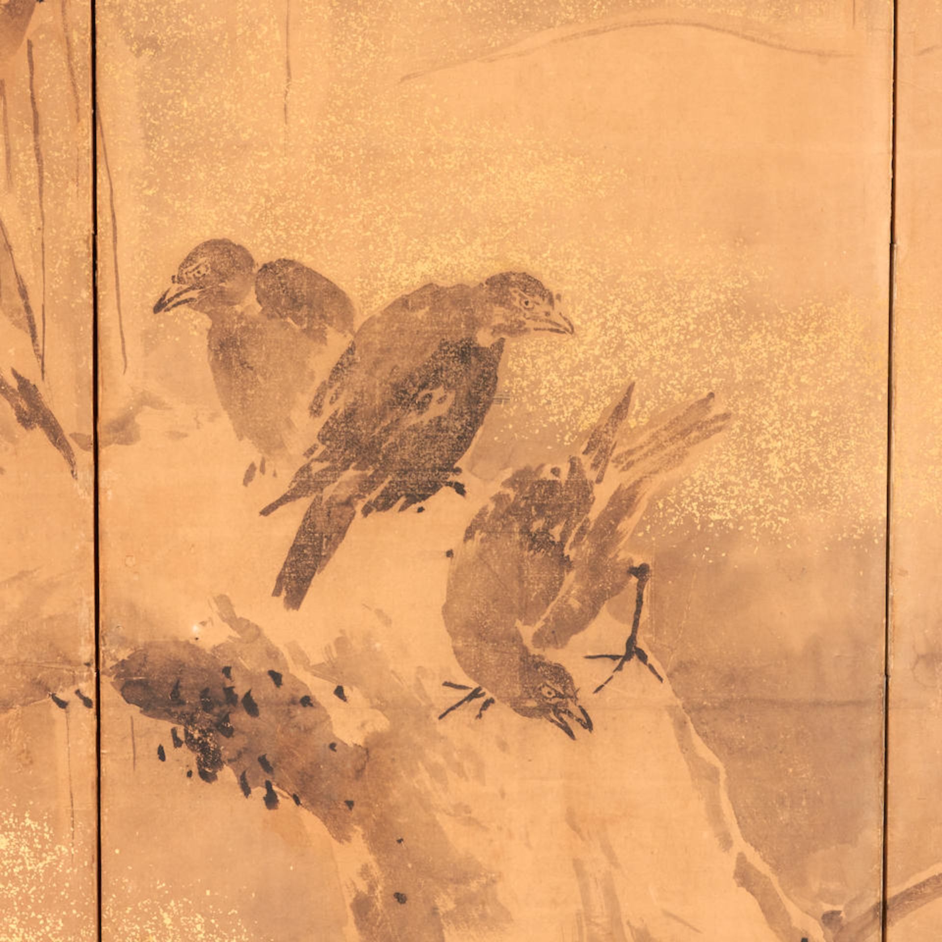 SIX-PANEL FOLDING SCREEN DEPICTING THREE CROWS - Image 3 of 5