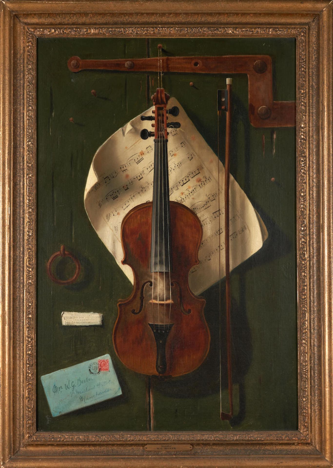 WILLIAM G. BECKER (BRITISH, 19TH/20TH CENTURY) TROMPE L'OEIL WITH A VIOLIN AND SHEET MUSIC - Image 4 of 4