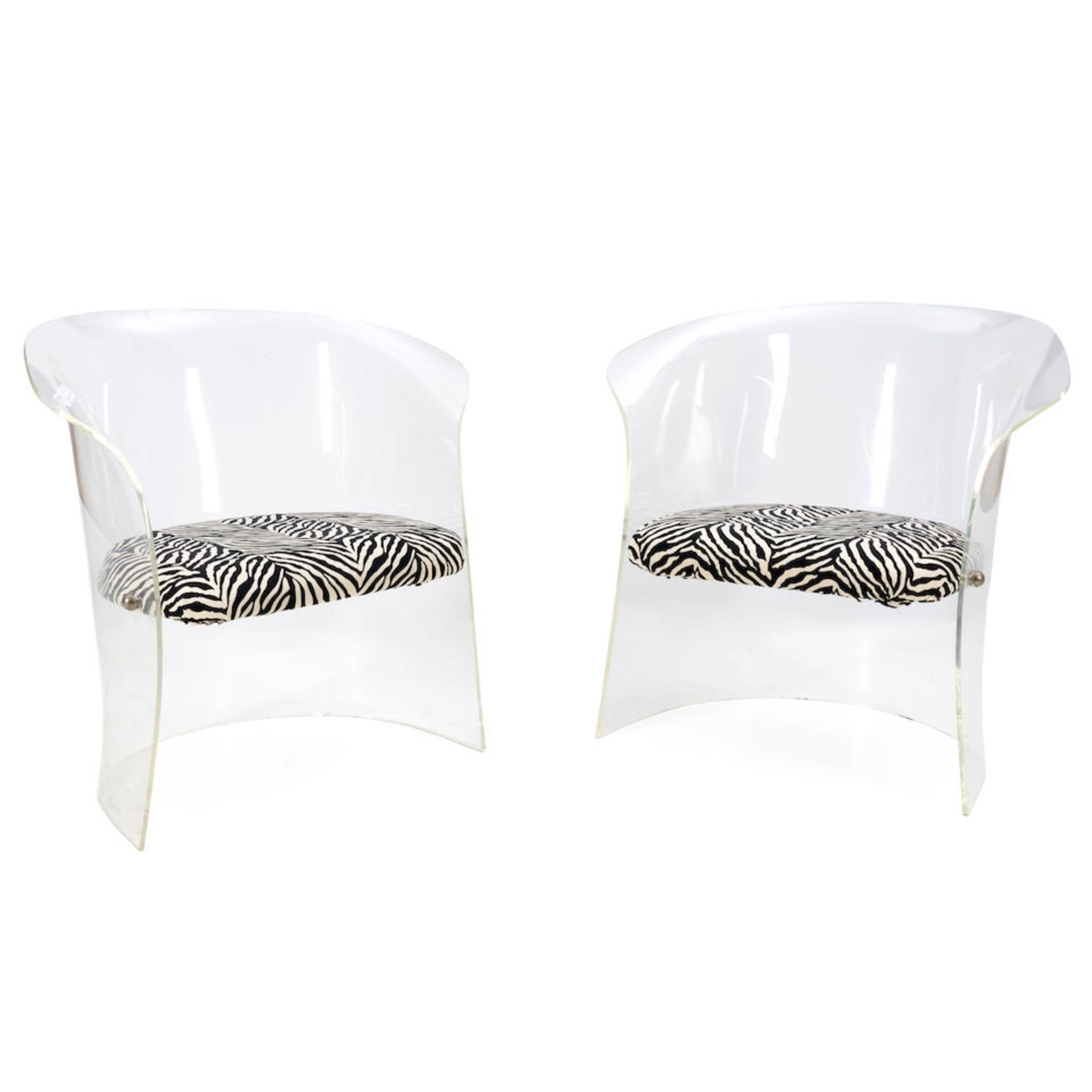 PAIR OF LUCITE BARREL CHAIR WITH ZEBRA-PRINT PATTERNED UPHOLSTERY SEAT