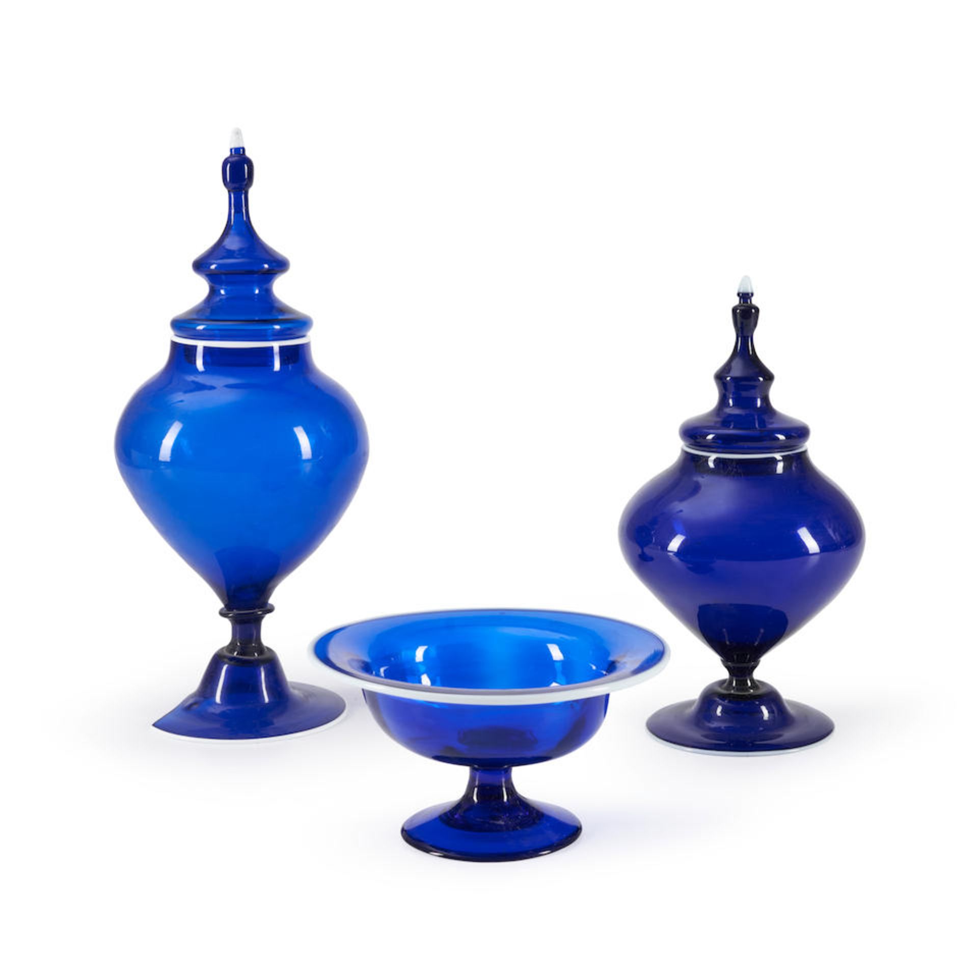 THREE COBALT BLUE GLASS ITEMS WITH APPLIED WHITE RIM