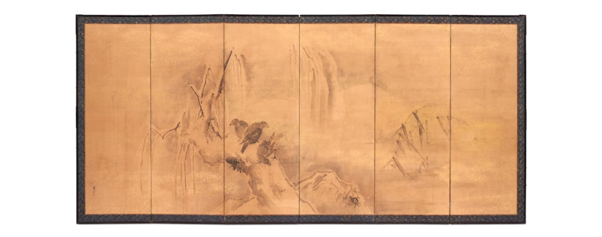 SIX-PANEL FOLDING SCREEN DEPICTING THREE CROWS - Image 2 of 5