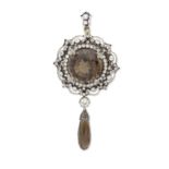 BROCHE/PENDENTIF QUARTZ FUM&#201; ET DIAMANTS, CIRCA 1880