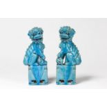 CHINE. Paire de larges chiens de F&#244; en porcelaine &#233;maill&#233; turquoise. 19e/20e si&#...