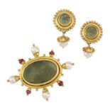 ELIZABETH LOCKE: 18K GOLD, GLASS, MOTHER-OF-PEARL, PEARL AND RUBY BROOCH AND EARRINGS