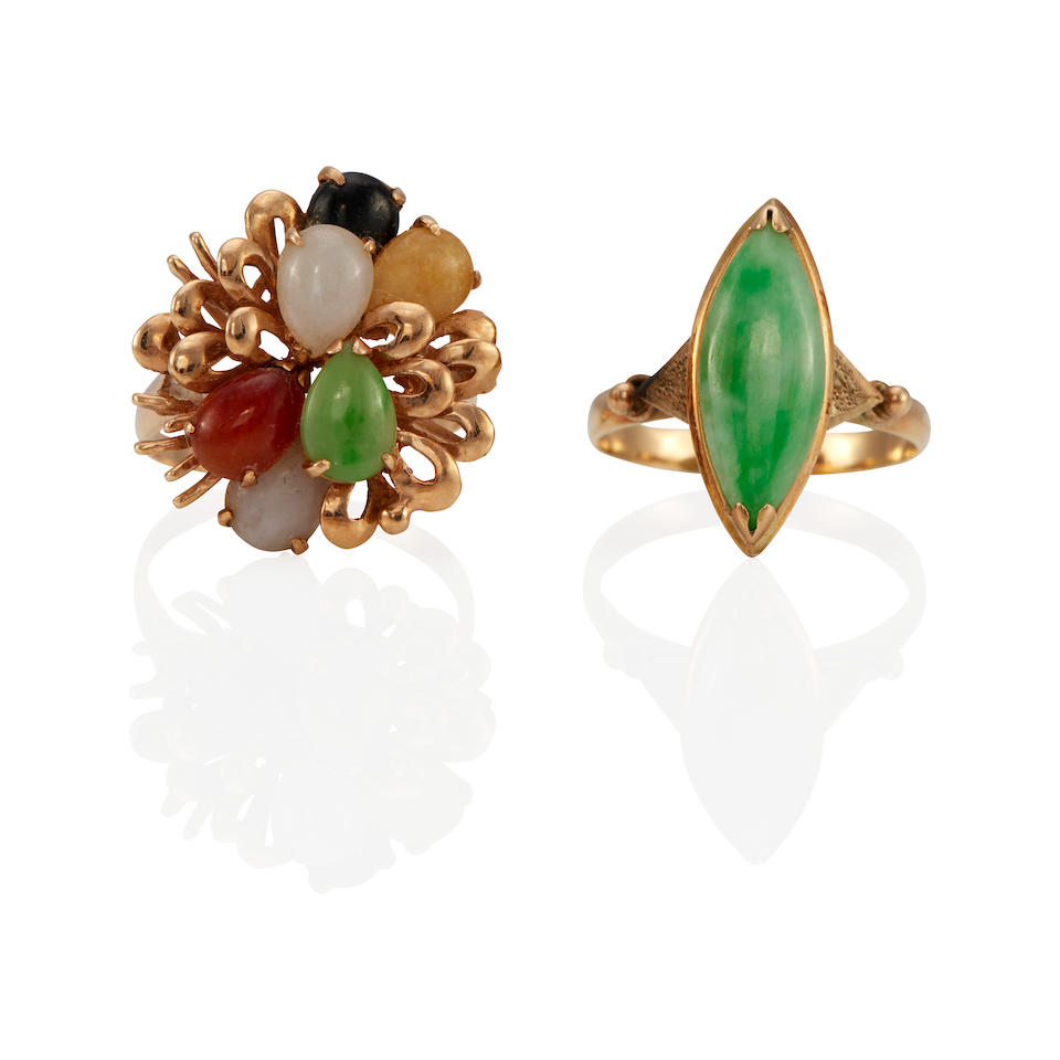 TWO 14K GOLD AND JADE RINGS